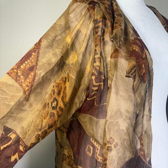 VTG 90s Sz 14 Sheer Earthy Cardigan Shrug Ruffle Trim Cover Up Leopard Print - Picture 2 of 7